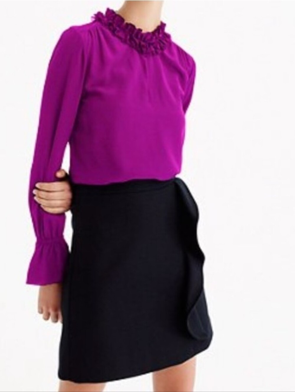 J.Crew 100% Silk Ruffle Neck Blouse, Fuscia, Size 2